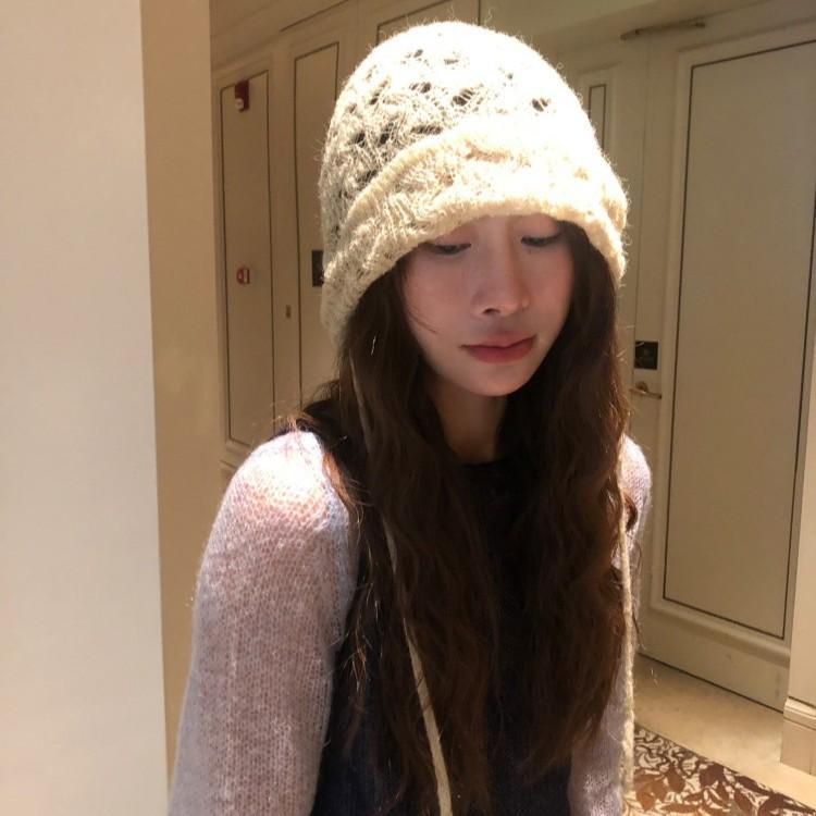 Korean Style Hollow Knitted Woolen Hat for Women Thin Breathable Versatile Face Showing  Trendy Small Pile Hat