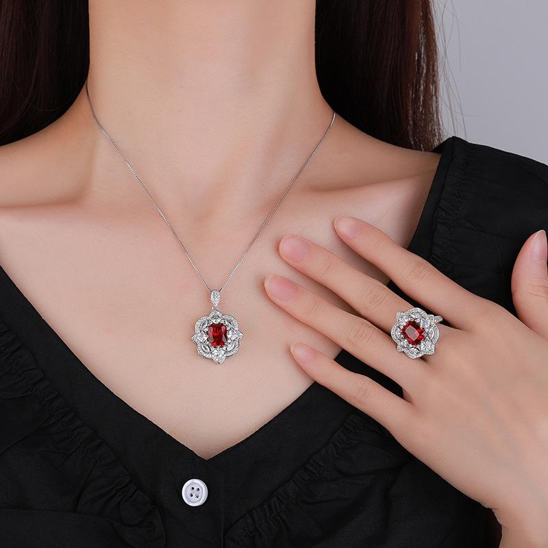 Schmuck Kupferboden Vergoldet Simulation Roter Korund Blauer Spinell High-End Retro Anzug Damen 8 * 10