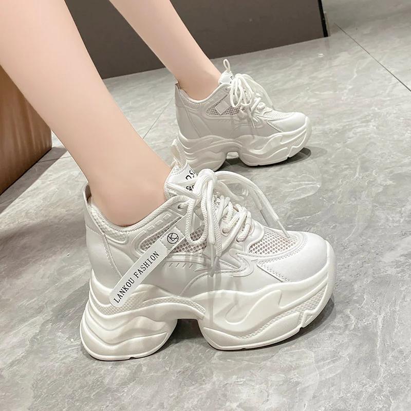 Fashion 9CM Women Chunky Leather Sneakers High Platform Ulzzang Sports Shoes New 2025 Spring Thick Bottom Women's Wedge Casual Shoes