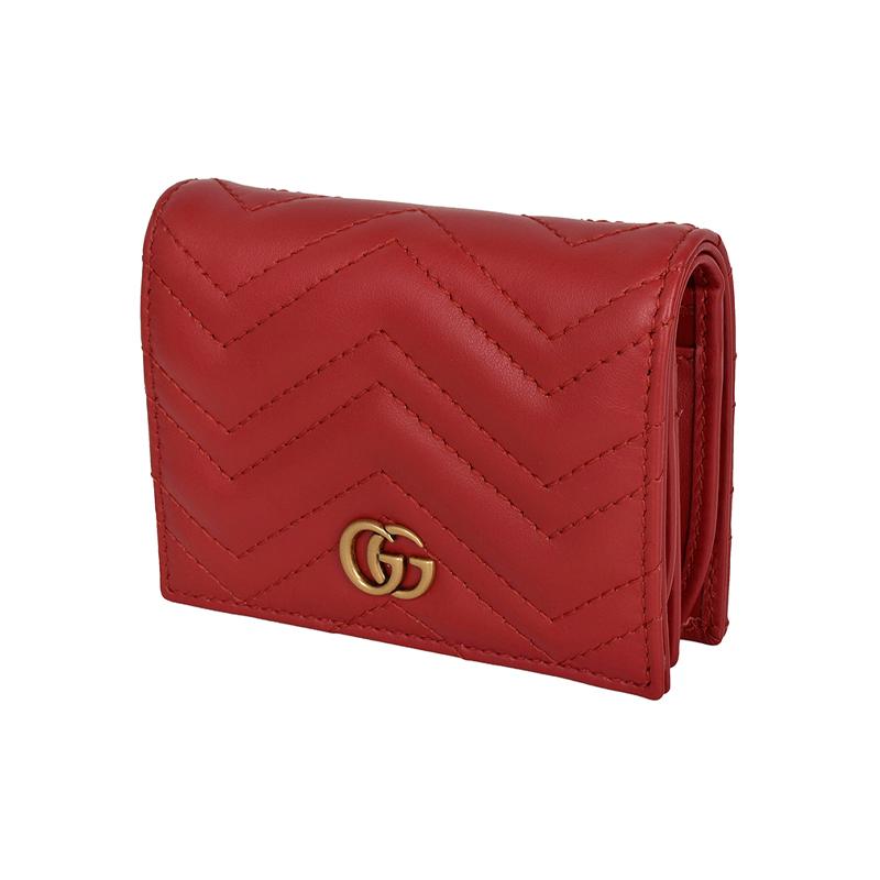 Gucci GG Marmont Series Marmont Gold Label Logo Bi-fold Flip Quilted Leather Card Holder Wallet Women's Red