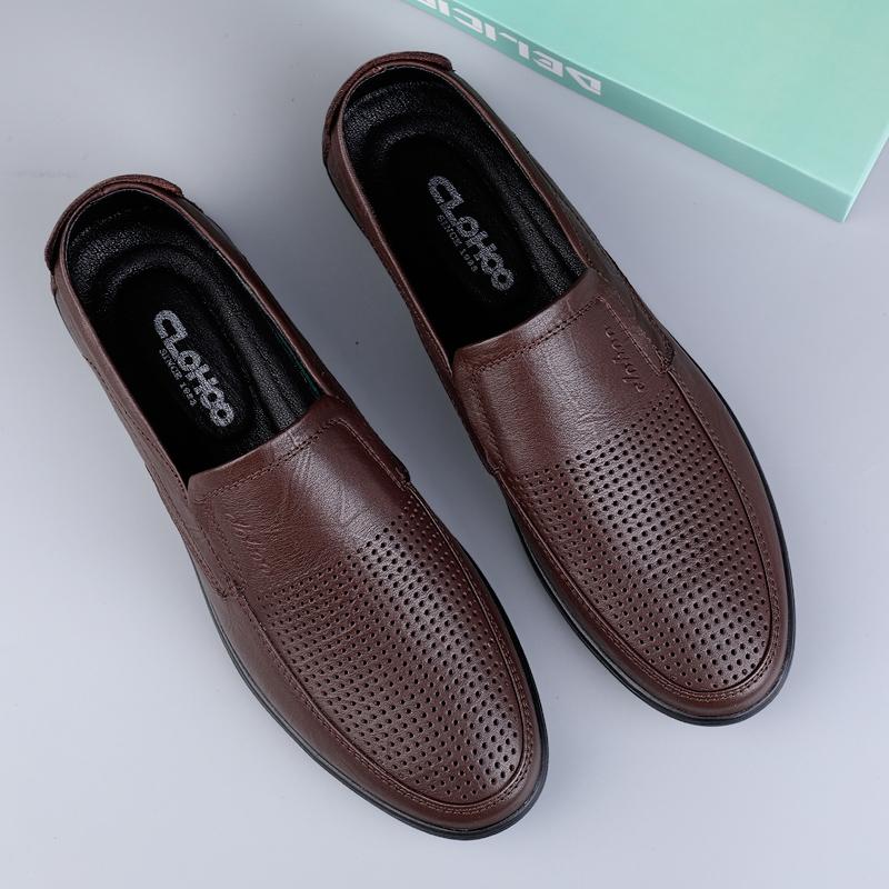 Men's Leather Casual Shoes Breathable Hollow Slip on Lazy Driving Shoes Office Fashion Shoes
