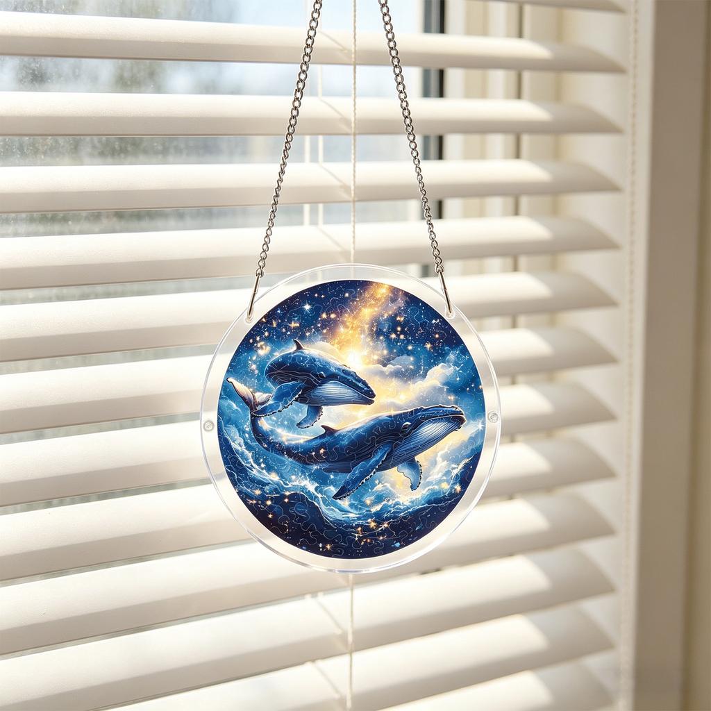 Acrylic Sun Catcher Window Hanging Decoration Whale Design Round Shape with Metal Chain for Indoor Outdoor Use Home Office Decoration