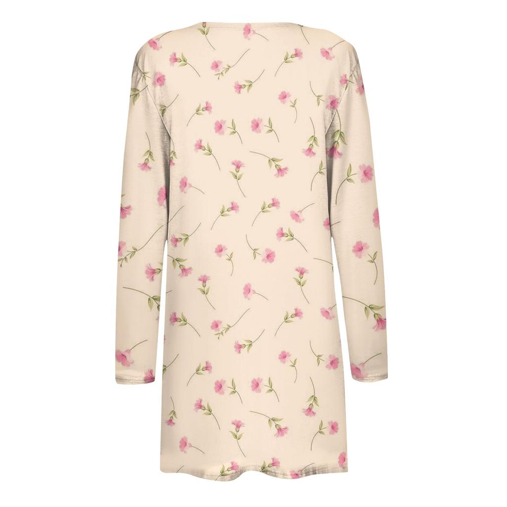 Dámská móda Ležérní retro bunda s dlouhým rukávem s květinovým potiskem se střední délkou cardigan