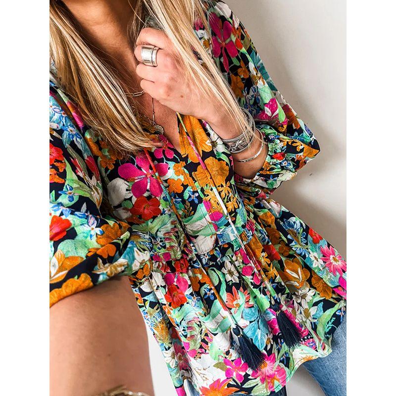 Early Spring New Arrival Florals Print Puff Sleeves Chiffon Shirt Women 2025 Fashion Fashion Color-Block V Neck Pullover Tops