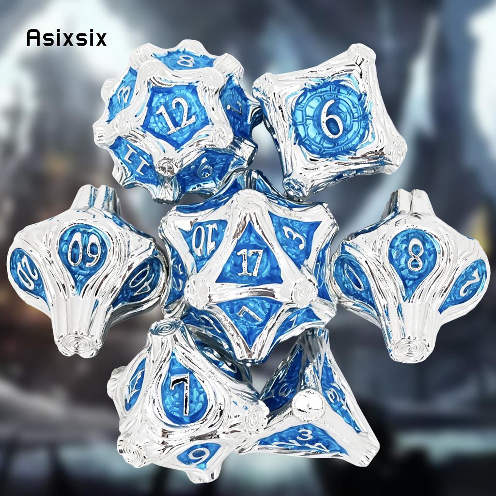 7 Pcs White Blue Tree Vine Metal Dice Solid Metal Polyhedral Dice Set Suitable for Role-Playing RPG Board Game Dice RPG