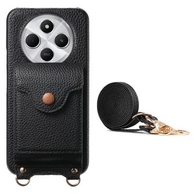 Für Xiaomi Redmi 14C 4G Hülle Spiegel Kartenhalter Litschi-Textur Leder Handy Rückseite mit langem Riemen