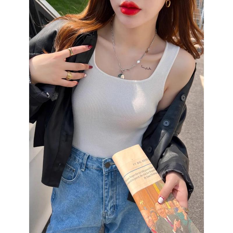 Women Summer Casual Ribbed Tank Top Square Neck Slim Sleeveless Top S