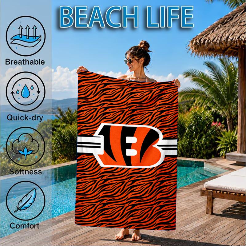 Bengals Team Logo Artwork Beach Towel, Microfiber Beach Towel, Perfect For Pool, Beach, Travel, Home Decor Beach Party Fan Gifts
