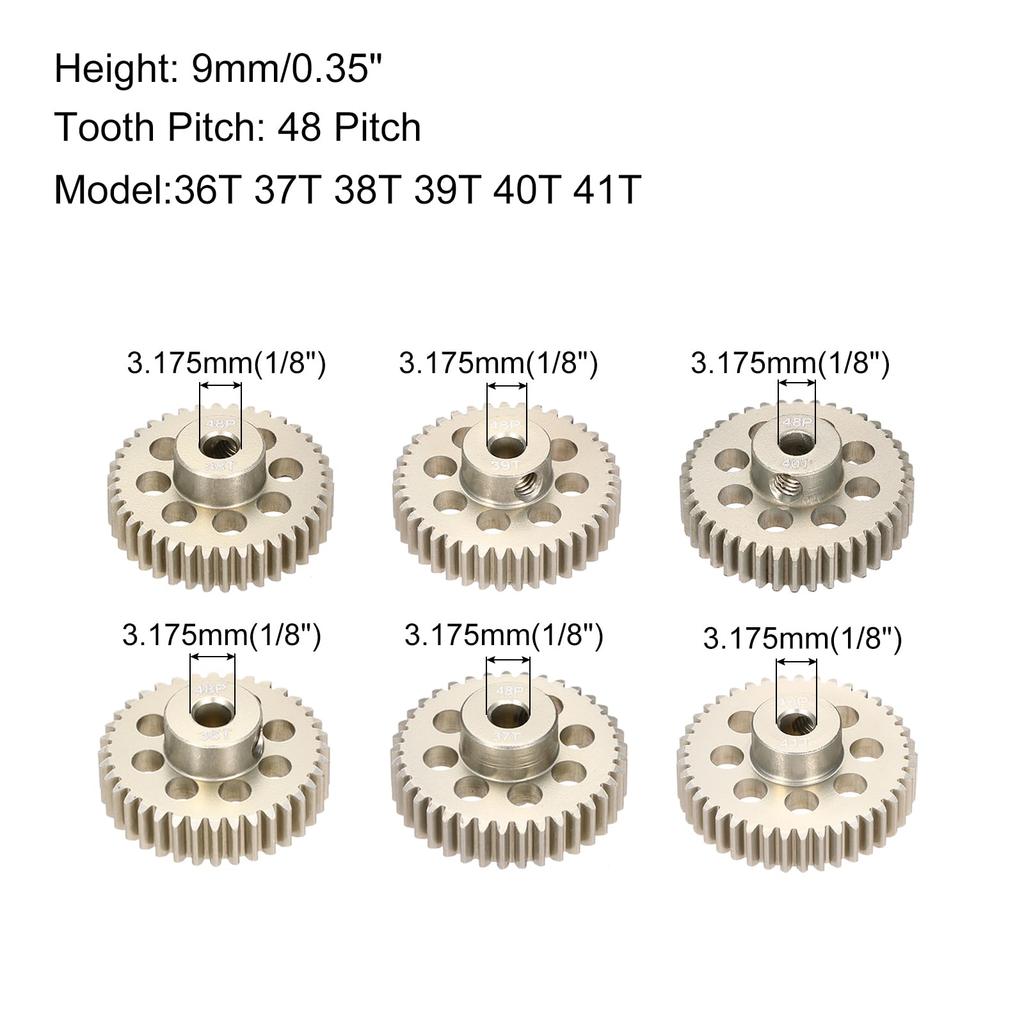 Rebower 6-Piece 48P Pinion Gears, 36T, 37T, 38T, 39T, 40T, 41T, for 3.175mm Shafts, Aluminum Alloy Pinion Gears with Screws for RC Motors