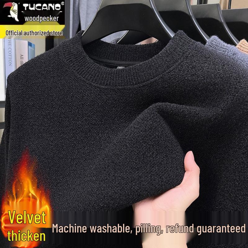 Woodpecker Men's Plus Velvet Thick Knit Sweater - Autumn/Winter Round Neck Long Sleeve Sable Velvet Warm Base Layer.