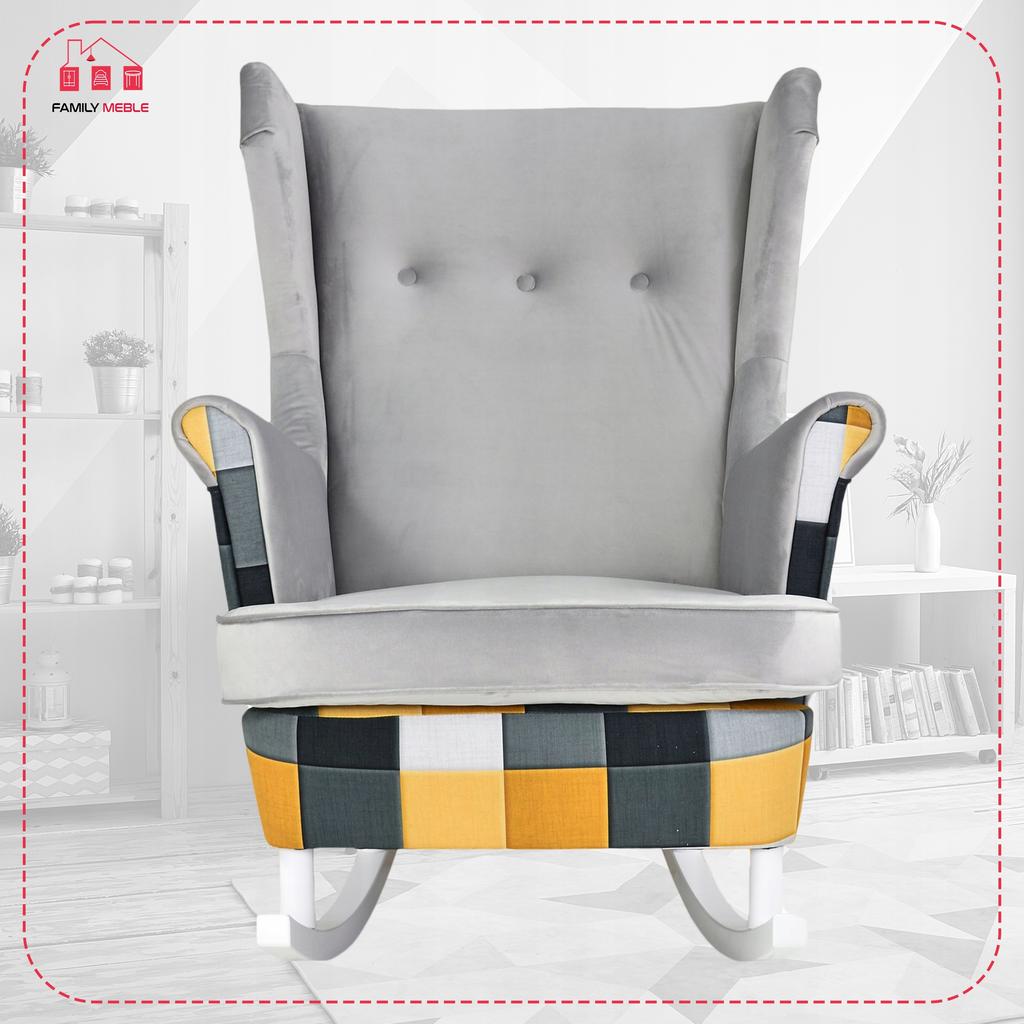 Fotel uszak Ari Print Duo bujany skandynawski Family Mebl kratka żółta