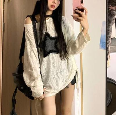 Tričko Grunge Hole Ženy Módní Star Print Y2k Estetické volné trička Kpop Fairycore Ripped Tričko Harajuku Gothic Streetwear