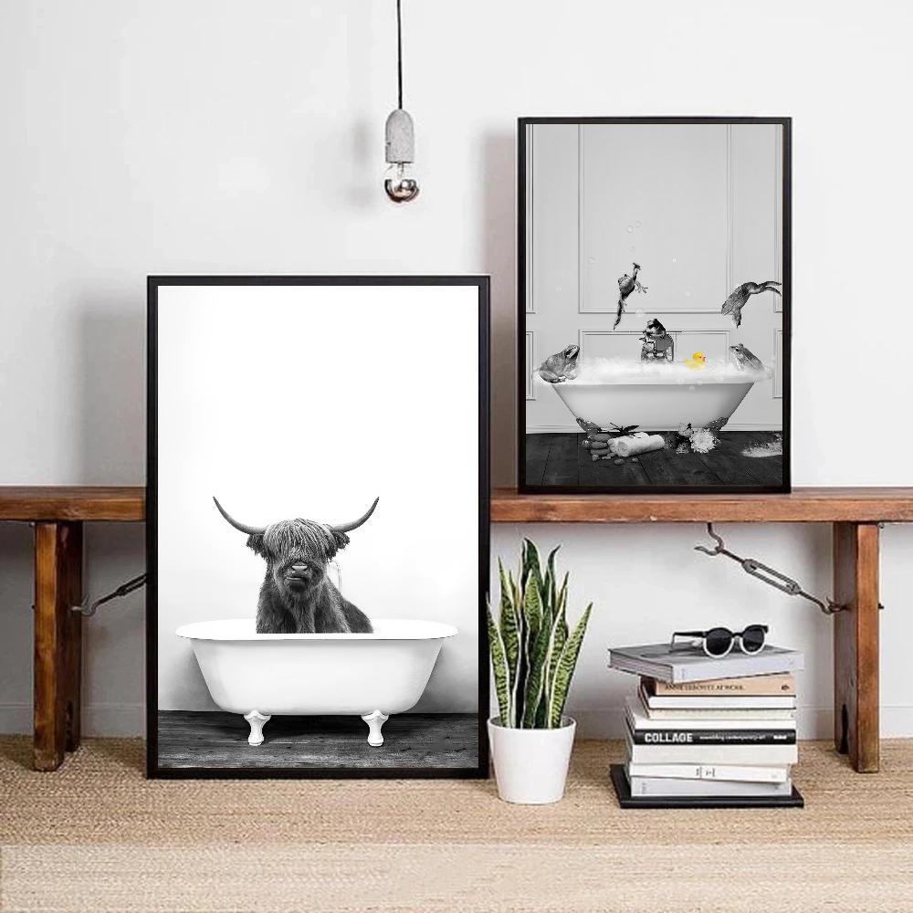 1pc Retro Art Bathroom Animal Poster Self-adhesive Art Poster Waterproof Paper Sticker Coffee House Bar Room Wall Decor