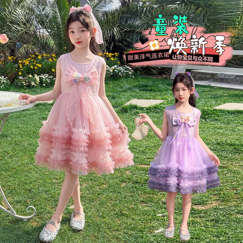 Sweet mesh dress for girls summer dress 2026 new style children's western-style princess dress little girl fluffy dress