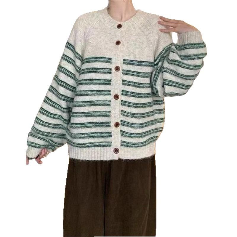 Lazy Wind Retro Striped Crew Neck Sweater Jacket Women's Autumn and Winter New Loose Knitted Cardigan Top Thick