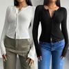 Women's Henley Neck Long Sleeve Slim Elegant Solid Button Down Top Casual Cropped Cardigan Tee For Spring Fall Daily Wear