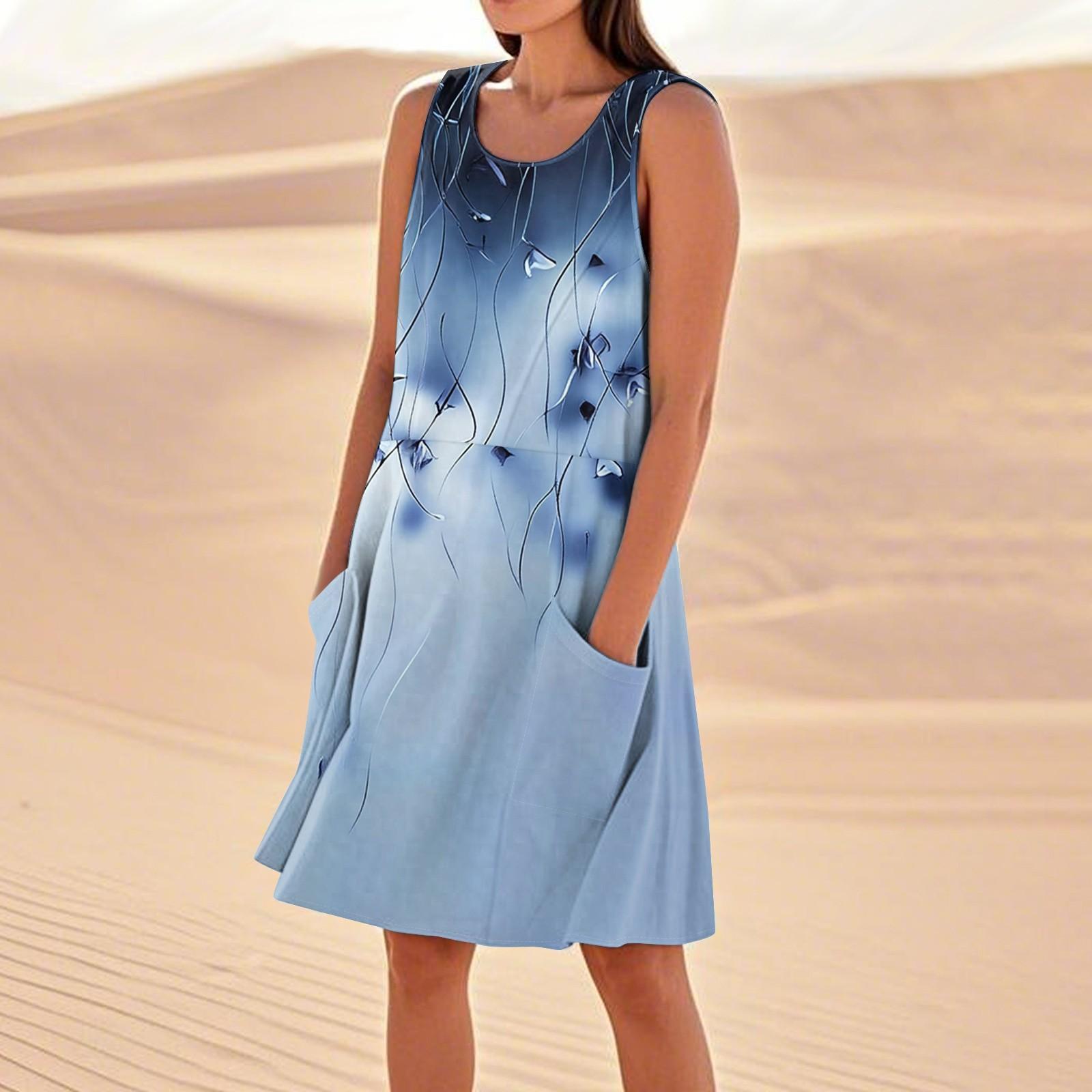

Платья с принтом для женщин, свободные, пляжные, повседневные, без рукавов, сарафаны с карманами, платье-майка XL небесно-голубой