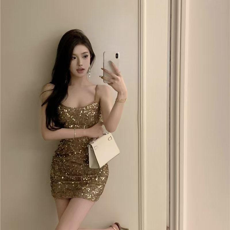 Light luxury sparkling sequins sleeveless dress dress celebrity sexy backless and thin hip-wrapped suspender skirt woman