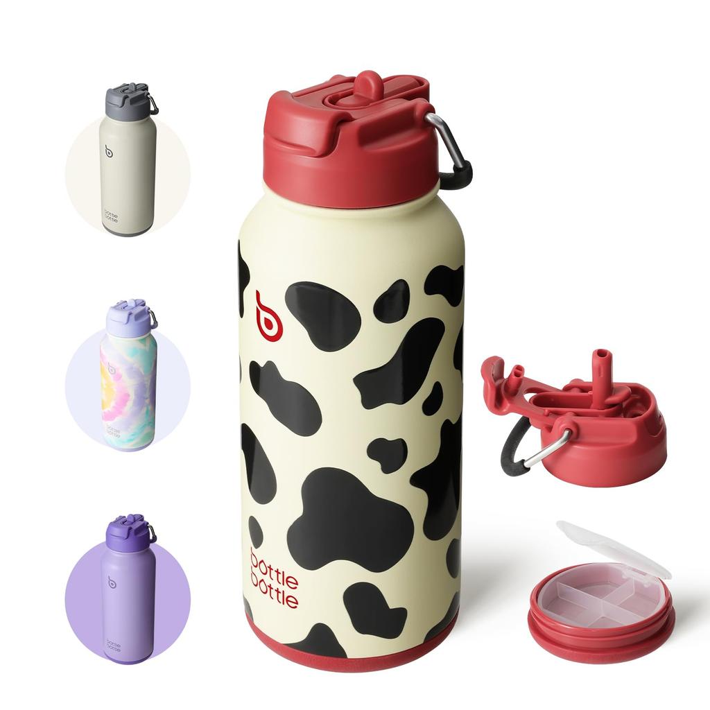 BOTTLE BOTTLE Cow 850ml Vacuum Insulated Stainless Steel Water Bottle, 2-Way Straw Direct Drink Lid for Gym Work and Travel