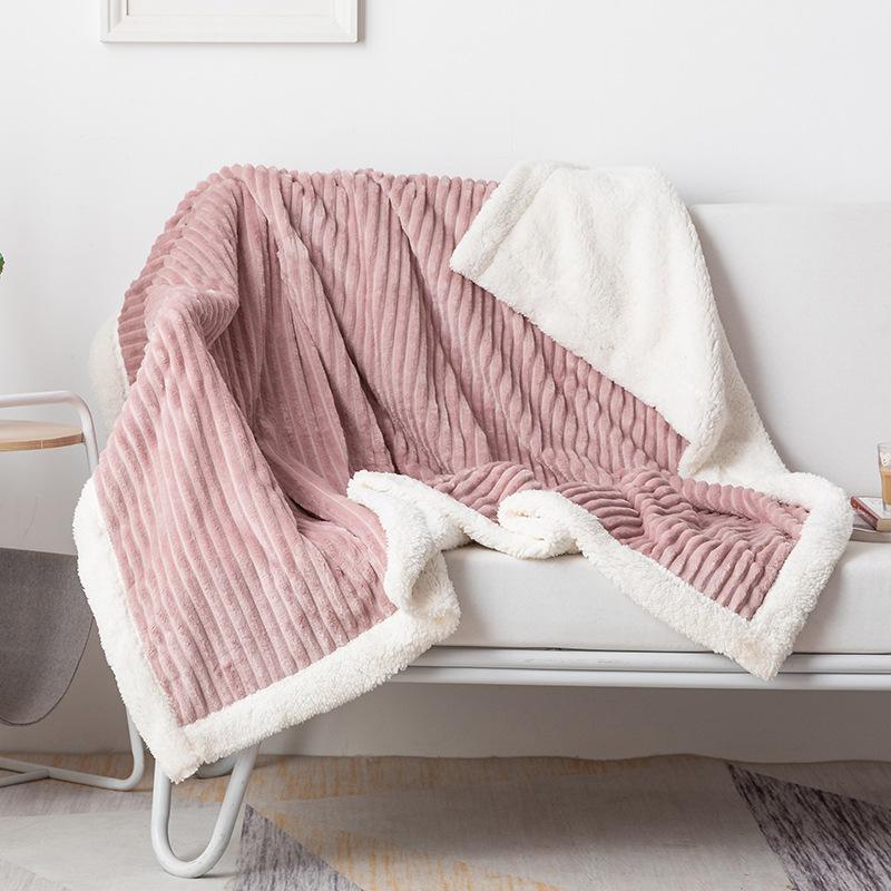 Nap Air-conditioning Blanket Soft and Comfortable Thickened Double-layer Solid-color Striped Lamb Wool Drawn Blanket 150X200CM