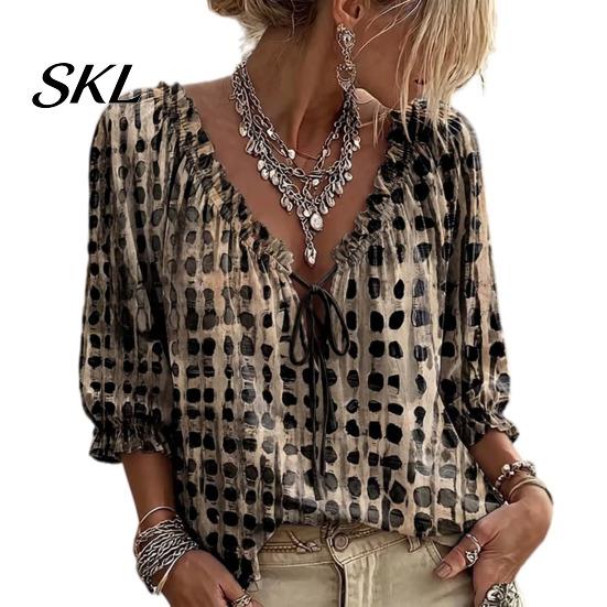 Boho Locker Bluse Damen Sommer Lässiges Hemd, V-Ausschnitt Schnürung 3/4 Ärmel Bluse, Kariert Dreiviertel Puff Oberteil Druck Fließende Oberteile, Leicht Atmungsaktiv