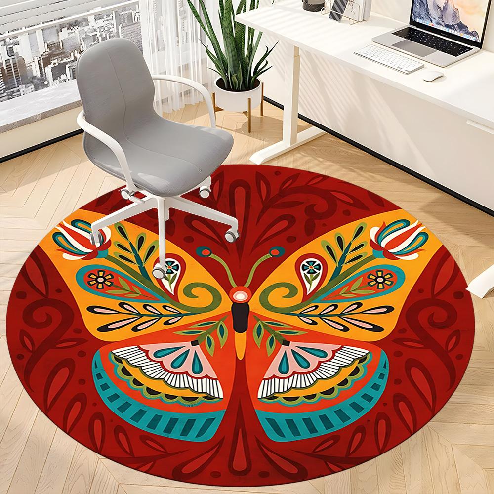 1PC Butterfly Mandala Office Round Area Rug, Mat Suitable ForOffice, Under Office Chairs Bedroom Living Room Home Decor, Room Deco