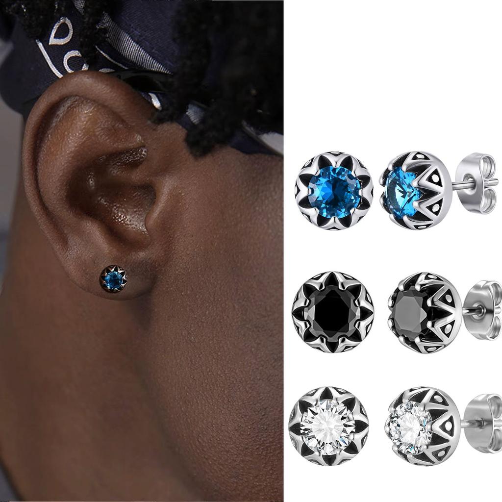 Sea Blue Stud Earring for Men Boys,Hypoallergenic Stainless Steel Round Metal Earrings,Stylish Jewelry Gift