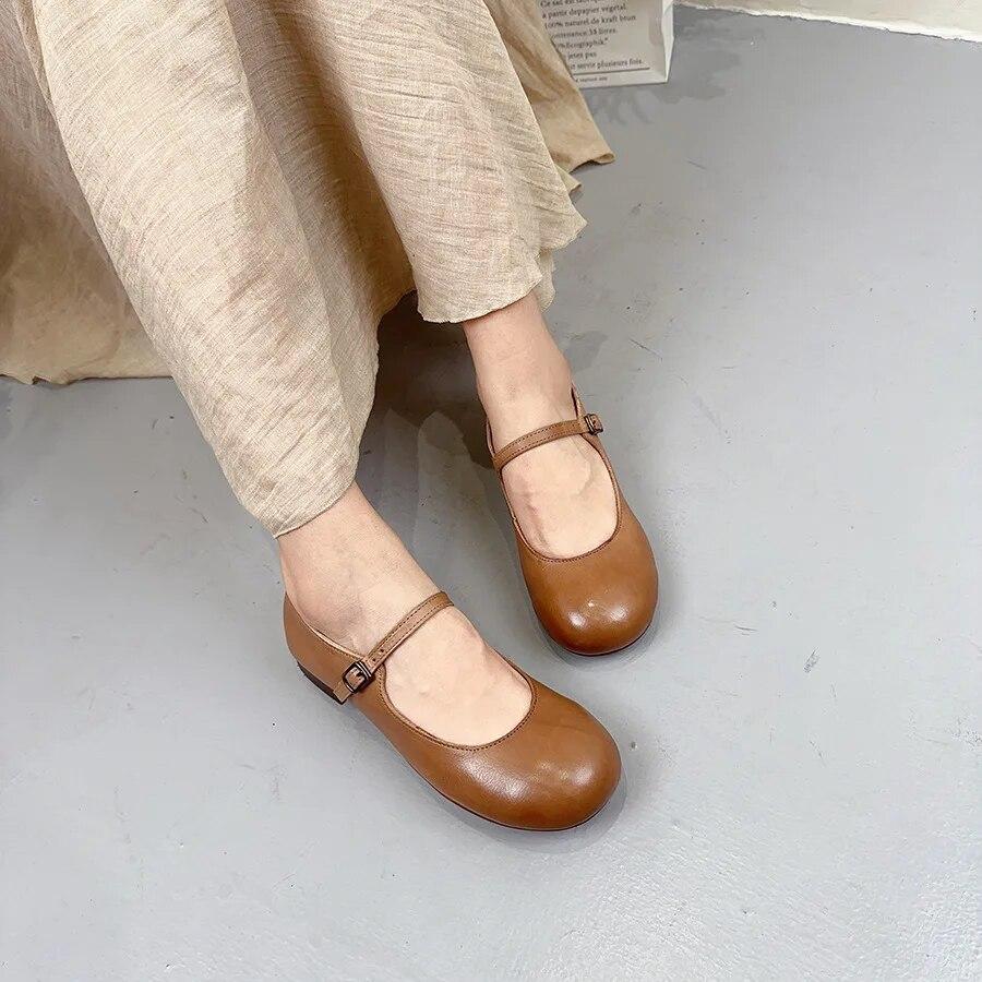 Johnature Genuine Leather Shallow Buckle Low Heel Shoes Solid Color Round Toe Versatile Women's Pumps