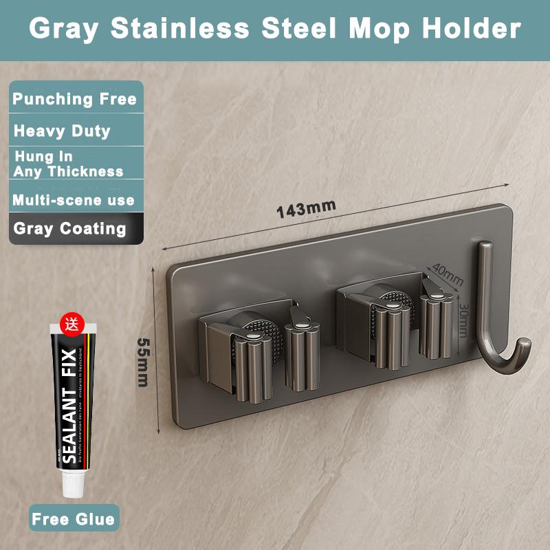 304 Stainless Steel Mop Holder Wall Mounted Adhesive Multi-Purpose Hooks Household Storage Organizer Rack Broom Hanger Stick