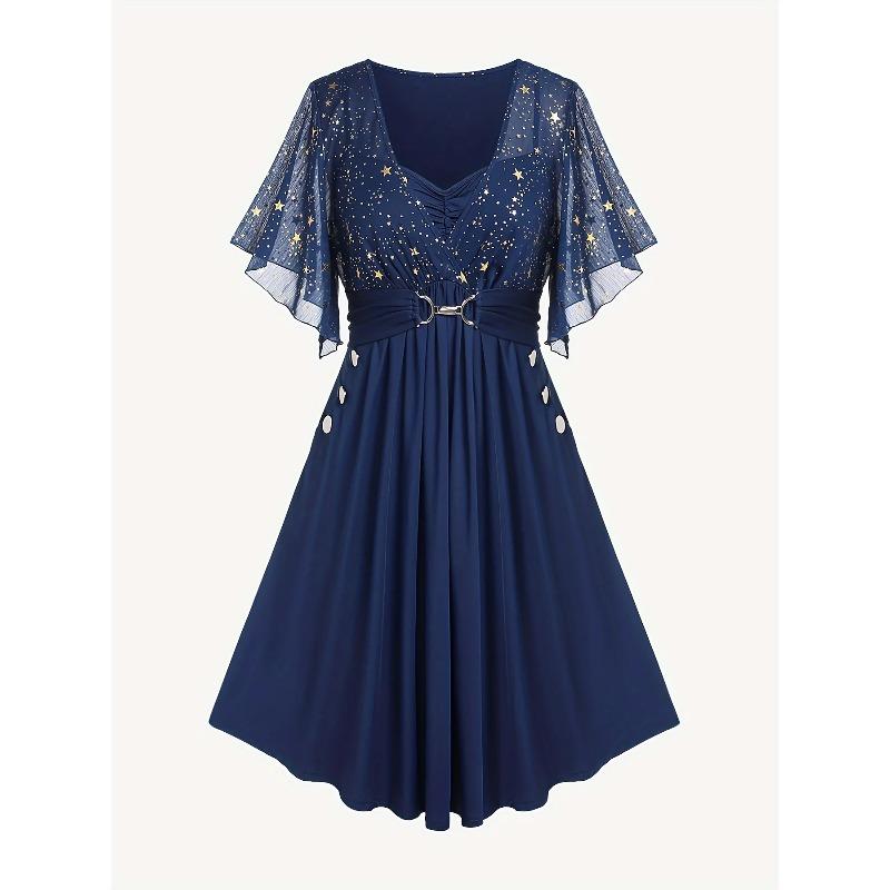 Fashion Women s Explosions Star Print Button Pocket Pleats Butterfly Sleeve Elegant Temperament Dress XL темно-синий