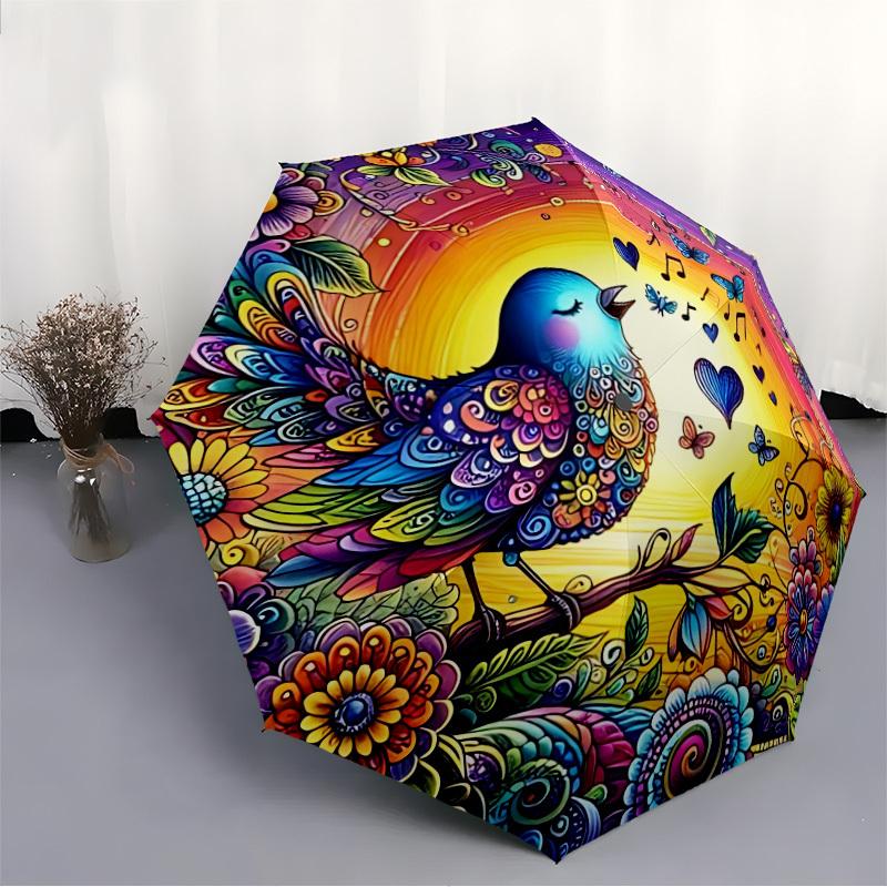 1pc Colorful Bird Illustration Folding Umbrella | Elegant Design, Fashionable Accessory, Durable Construction, Sturdy Ribs yy251107045