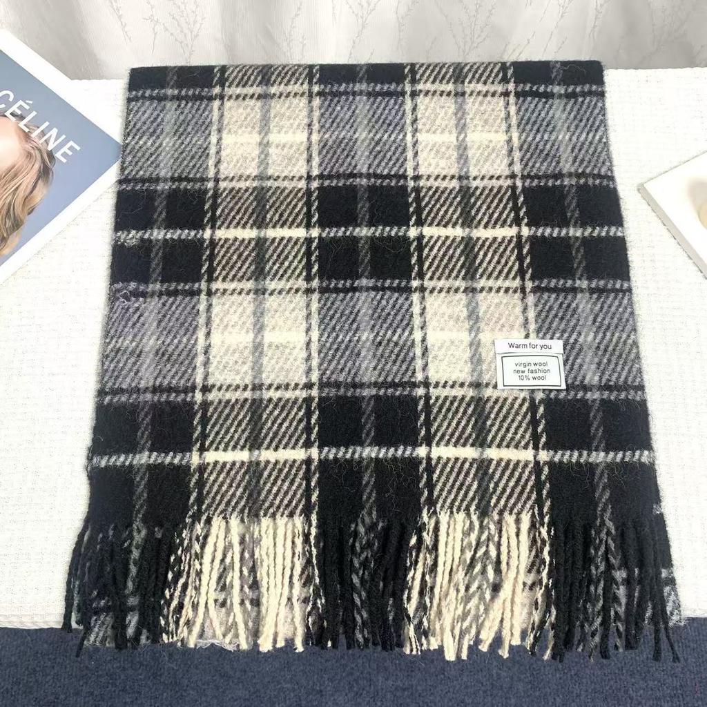 Autumn and Winter Plaid Scarf Korean Style Retro Plaid Tassel Wool Thickened Versatile Warm Shawl for Women