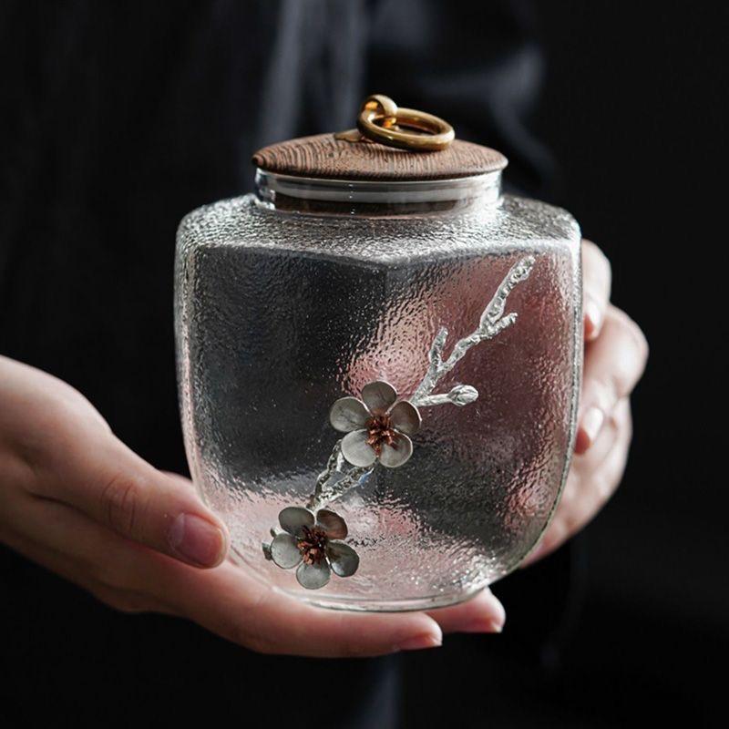 

Шестигранная кованая стеклянная банка для хранения – герметичный контейнер для чая и специй с деревянной крышкой A 13x11cm