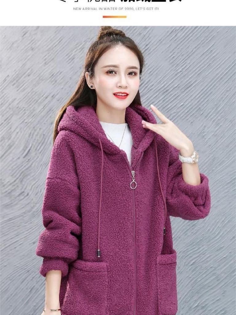 Solid Color Lamb Wool Fleece Hoodie Women's Thick Winter Loose Korean Style Teddy Fleece Zip-Up Casual Coat