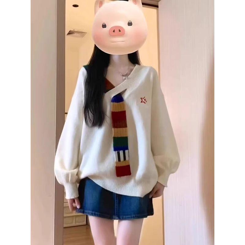 

Rainbow Patchwork Loose Preppy Style V-neck Sweater Apricot S
