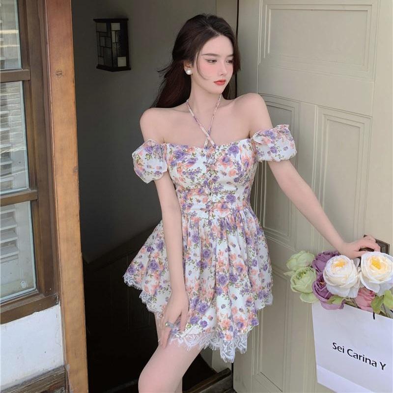 French retro snow-capped mountain floral short-sleeved square collar one-word shoulder summer dress small waist bubble sleeve chiffon