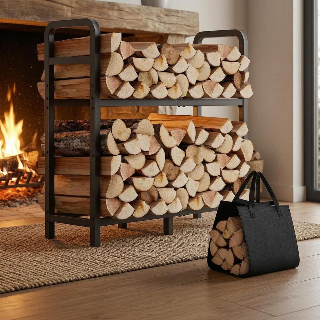 Black Steel Log Storage Rack Indoor Outdoor Two-Tier Firewood Carrying Bag