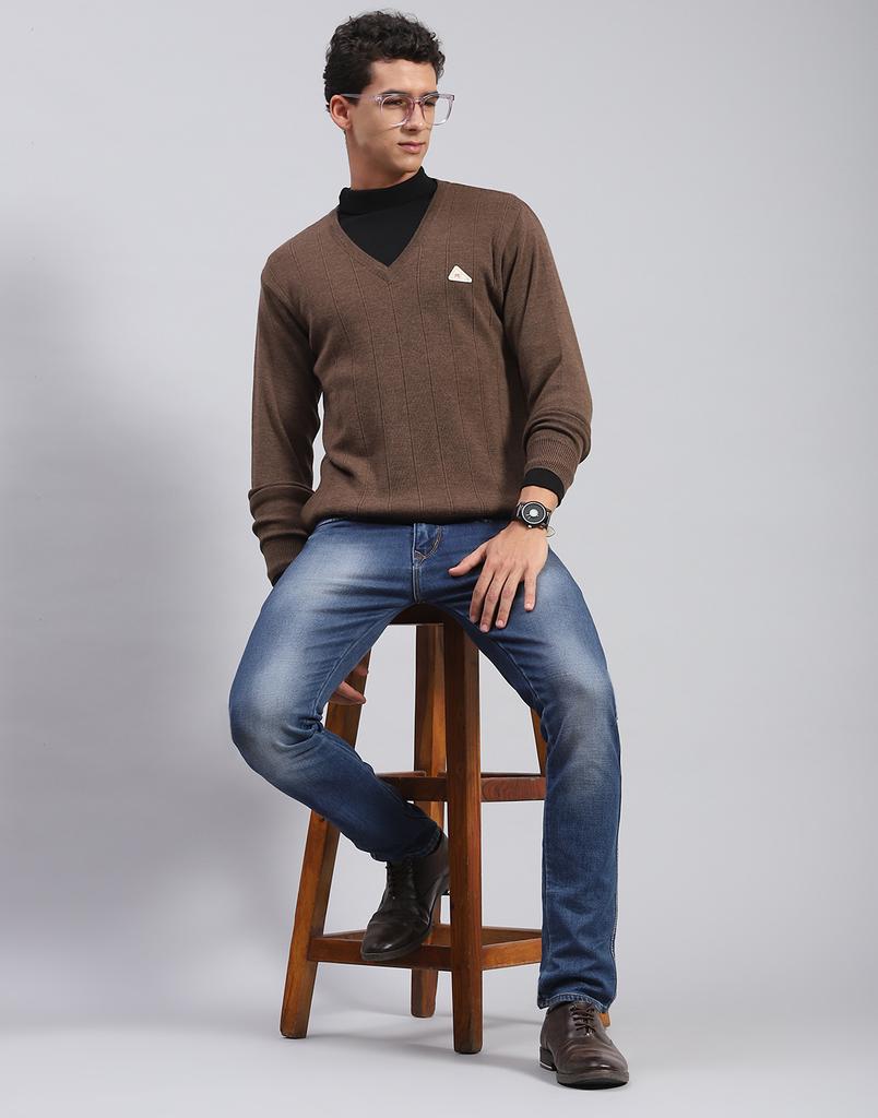 MONTE CARLO Mens Solid Brown V Neck Full Sleeve Pullover
