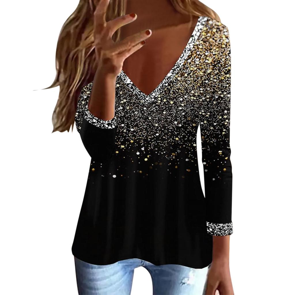 Women's Casual Fashion Printing Sequin V-neck Long Sleeve T-shirt Top
