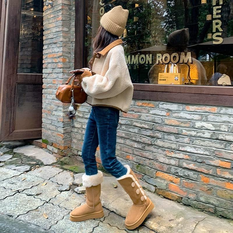 Fur integrated snow boots women's 2025 winter new thick-soled high tube two wear folded versatile thickened warm cotton shoes