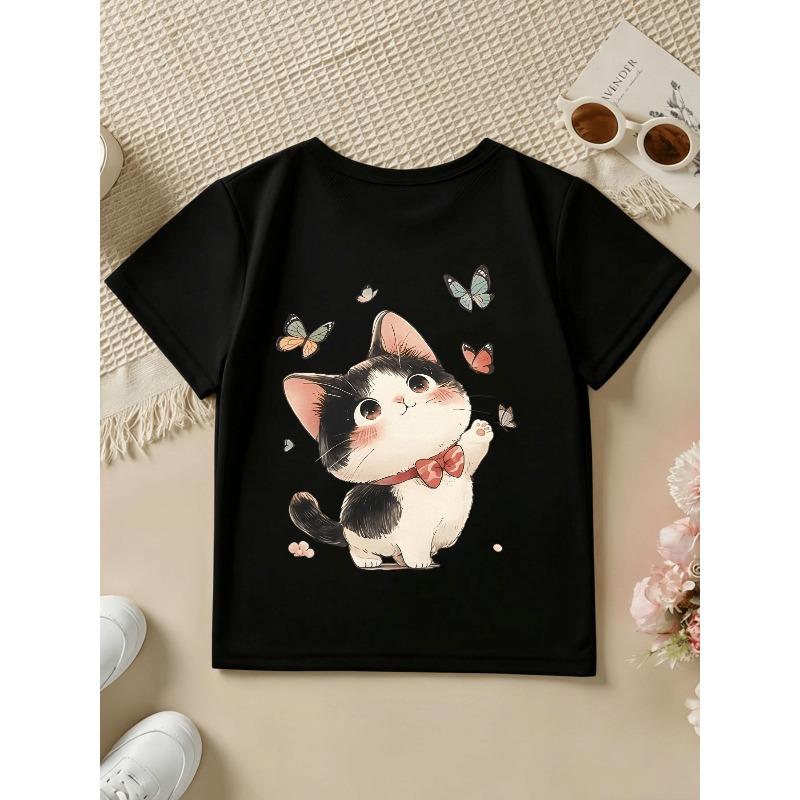 European sizes Kids' Short-Sleeved Spring, Summer And Autumn Cute Cartoon Cat Bow Tie Polka Dot Print Children'S Fashion Casual Versatile Top