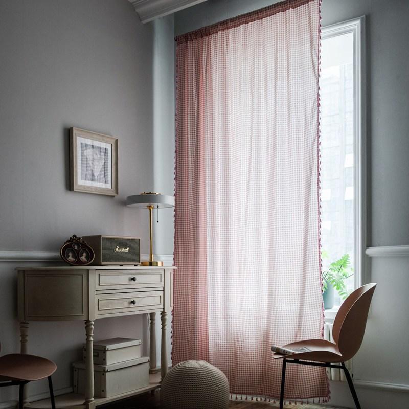 Japanese Pink Plaid Cotton Linen with Tassel Window Curtain Blackout Valance Art Decorative Curtain for Living Room Bedroom