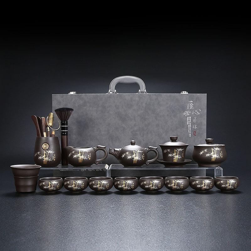 Purple Sand Kung Fu Tea Set Tea Art Tea Making Teapot Tea Cup Set Engraved Bamboo Pattern Chinese Style Tea Tray