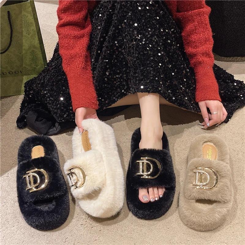 Wear Versatile Warm Winter Slippers Women Outer Velvet Cotton Winter Slippers Thick Bottom Word with Velvet Slippers Women