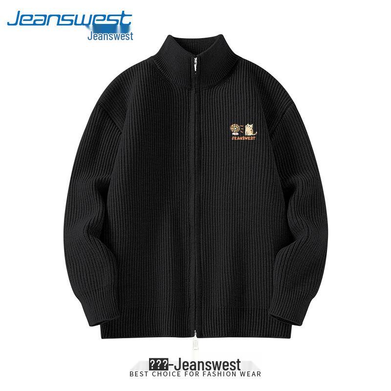 Jeanswest Men's Heavyweight Cat Print Stand Collar Zip Knit Cardigan