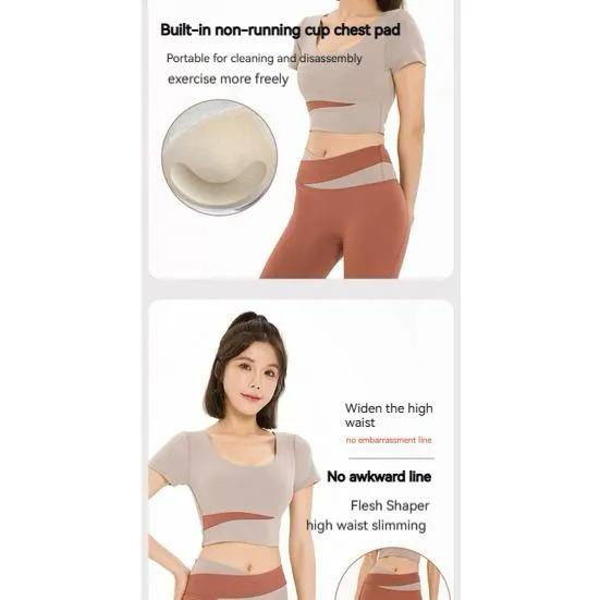 Yoga-Sport-Kurzarm-Fitnessanzug, superelastisch, stoßfest, Nabel, schnell trocknend