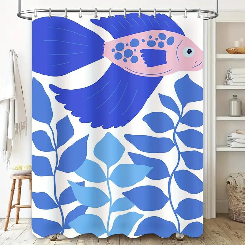Blue White Fish Design Shower Curtain Decor Waterproof Fabric Bath Room Shower Drapes Set For Home Decoration 180X274Cm\N(Us $35