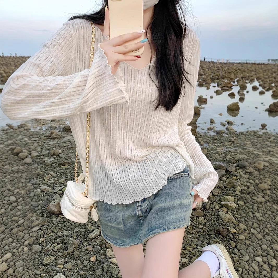 

Slightly Sheer Ruffle Trim Long Sleeve Cardigan T-Shirt - Women s Summer & Autumn Loose Style M бежевий