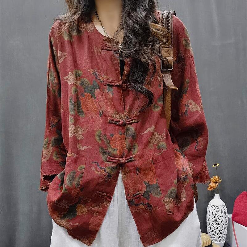 Retro Ethnic Cottonlinen Womens Style Jacket 2026 Spring Collection Distressed Print Chic Versatile
