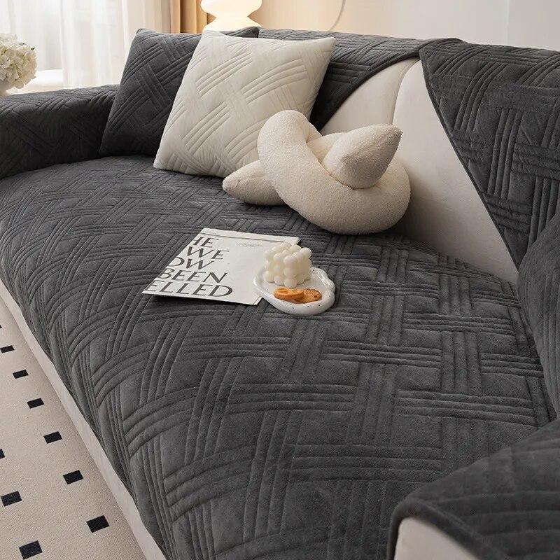Winter Thickened Plush Sofa Mat Dust Proof Anti Slip Sofa Cover Pillowcase  Solid Color Checkered Sofa Backrest Armrest Towel